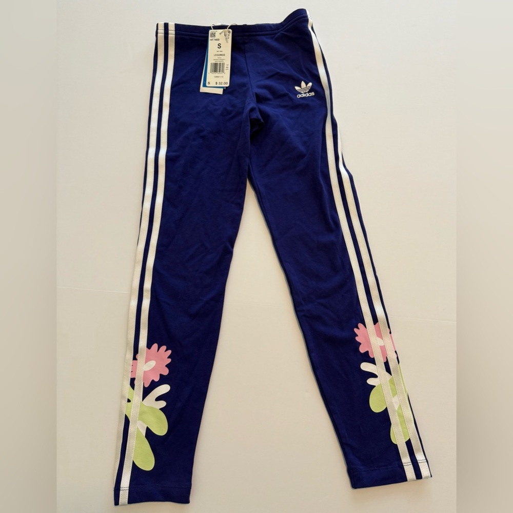 NWT Adidas Girl’s Royal Blue Leggings with Flowers on Ankles, Size Sm and Md